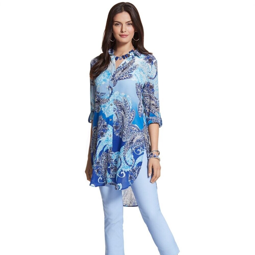 Chico's Enchanted Paisley Betty Long Sheer Button Shirt Size 0